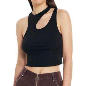 CIDER Women’s Cut Out Tops Asymmetrical Neck Sleeveless Crop Tank Tops Slim Fitted Ribbed Tee Trendy Y2K Outfits Black