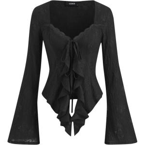 CIDER Womens Going Out Tops Lace Bell Long Sleeve Square Neck Ruffle Tie Front Tops(Black)