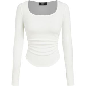 CIDER Womens Long Sleeve Scoop Neck Casual Going Out Slim Fit T-Shirt(White)