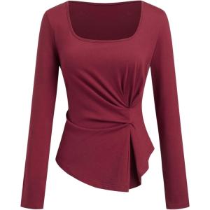 CIDER Women’s Long Sleeve Top Square Neck Fashion Casual Tee Shirt(Red)