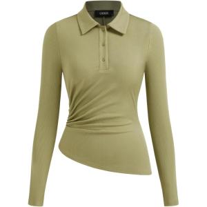 CIDER Womens Ribbed Knit Polo Shirt Long Sleeve Casual Going Out Top(Green)