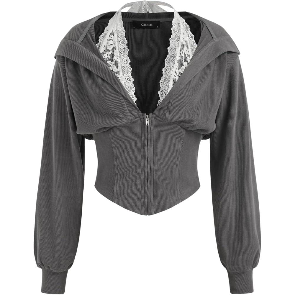 imageCIDER Zip Up Hoodie Women Cropped Sweatshirts Lace Halter Long Sleeve Corset Hoodie Trendy Jackets Y2K OutfitsDark Grey