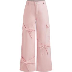 CIDER Baggy Jeans for Women Low Waisted Wide Straight Leg Bow Jeans Denim Pants(Pink)