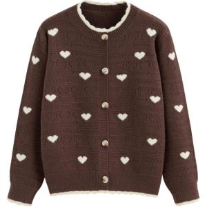 CIDER Cardigan Sweaters for Women Trendy Cute Sweaters Long Sleeve Crew Neck Heart Print Cardigans Spring Fall Outfits(Brown)