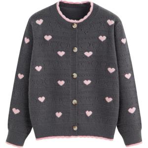 CIDER Cardigan Sweaters for Women Trendy Cute Sweaters Long Sleeve Crew Neck Heart Print Cardigans Spring Fall Outfits(Grey)
