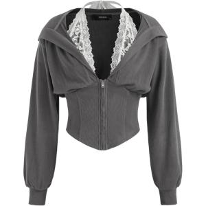 CIDER Zip Up Hoodie Women Cropped Sweatshirts Lace Halter Long Sleeve Corset Hoodie Trendy Jackets Y2K Outfits(Dark Grey)