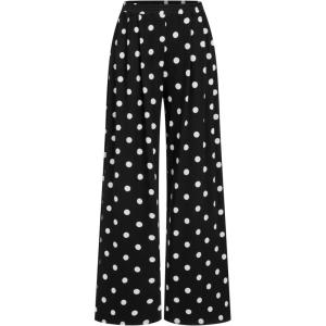 CIDER Wide Leg Palazzo Pants for Women with Pockets Elastic Business Causal Pants Women Summer for Beach Travel Trousers(Black & White)