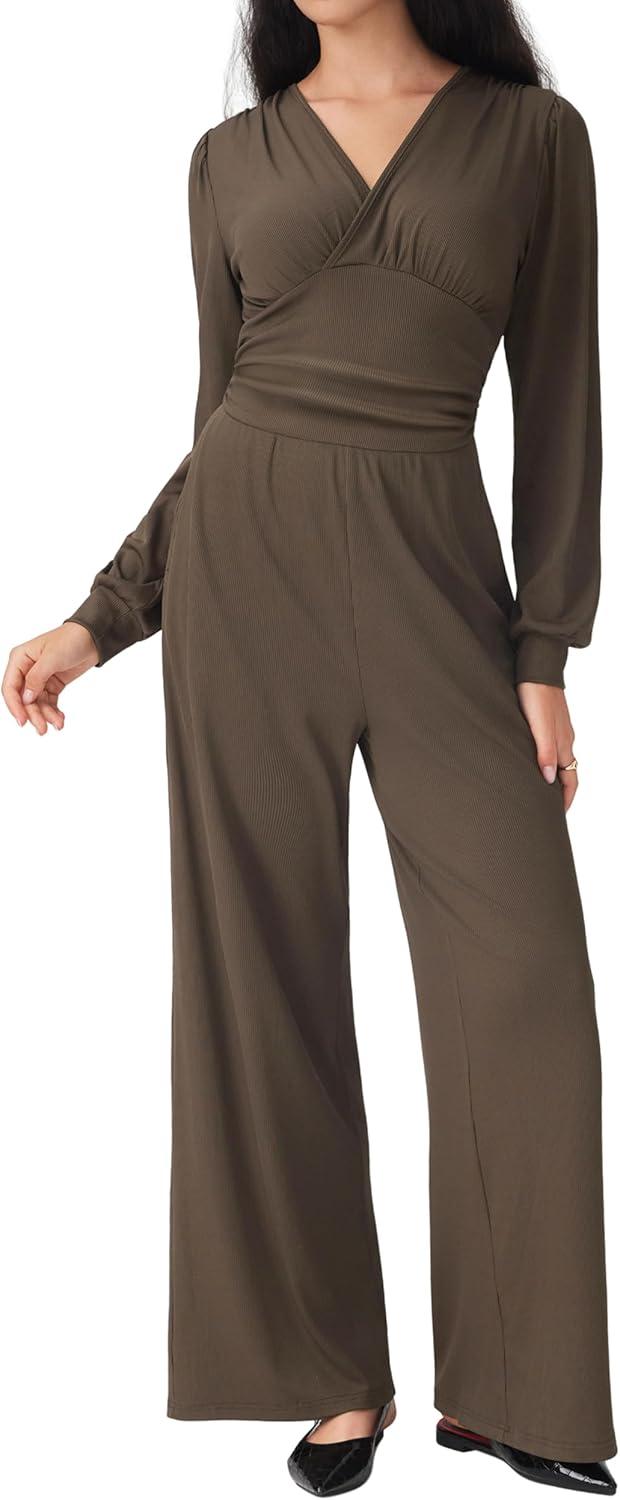 imageCIDER Jumpsuits for Women Long Sleeve V Neck Wide Leg Dressy Date Night Romper Casual One Piece Outfits with Pockets TrendyBrown
