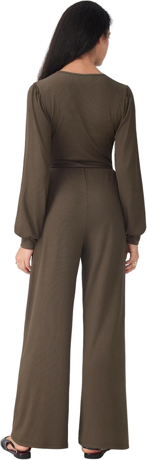 imageCIDER Jumpsuits for Women Long Sleeve V Neck Wide Leg Dressy Date Night Romper Casual One Piece Outfits with Pockets TrendyBrown