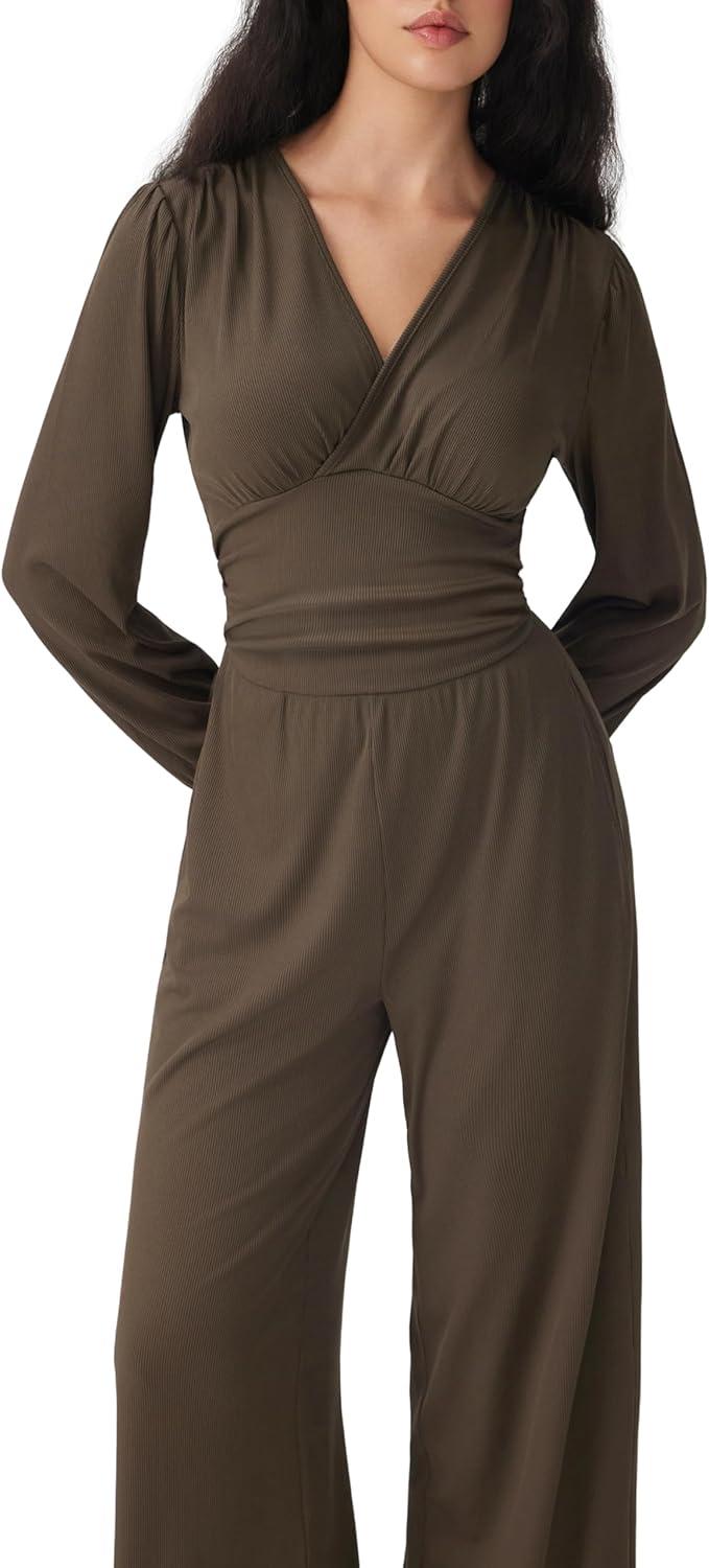 imageCIDER Jumpsuits for Women Long Sleeve V Neck Wide Leg Dressy Date Night Romper Casual One Piece Outfits with Pockets TrendyBrown