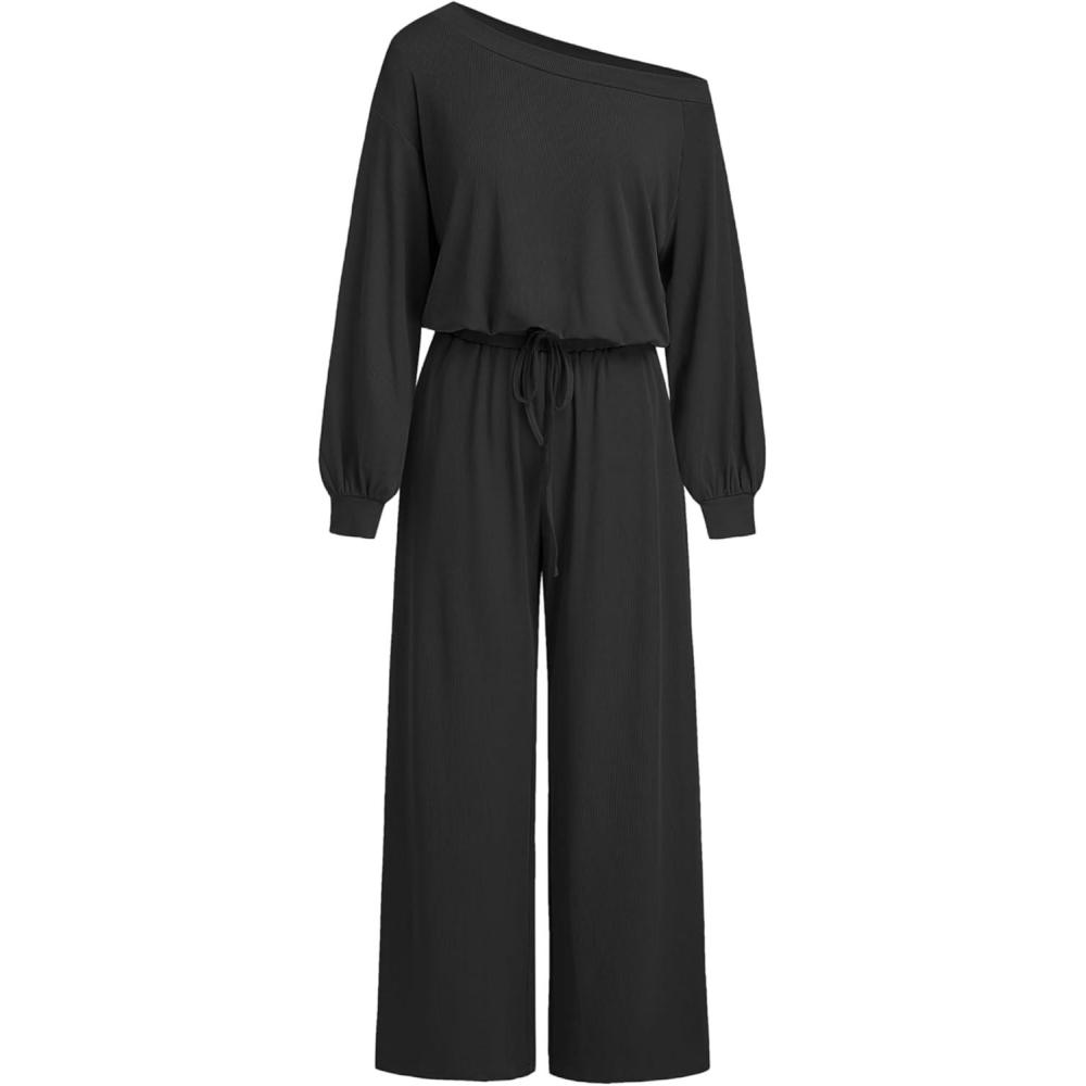 imageCIDER Womens Casual Jumpsuits with Pockets Asymmetrical Neck Drawstring long Sleeve Off Shoulder Lounge Outfits PajamaBlack