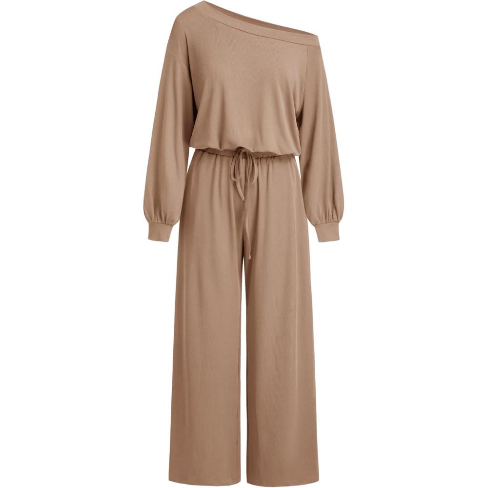 imageCIDER Womens Casual Jumpsuits with Pockets Asymmetrical Neck Drawstring long Sleeve Off Shoulder Lounge Outfits PajamaKhaki