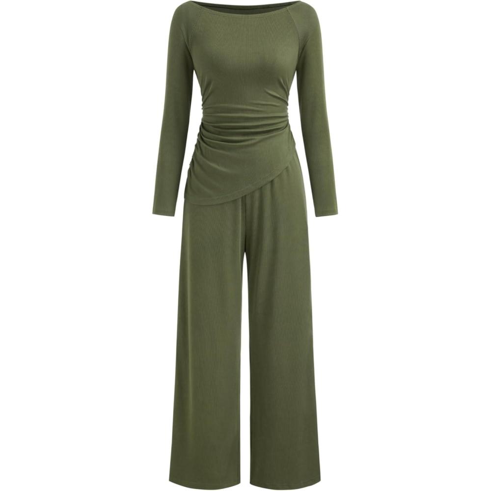imageCIDER Womens Jumpsuits Long Sleeve Wide Leg Casual Dressy One Piece JumpsuitGreen
