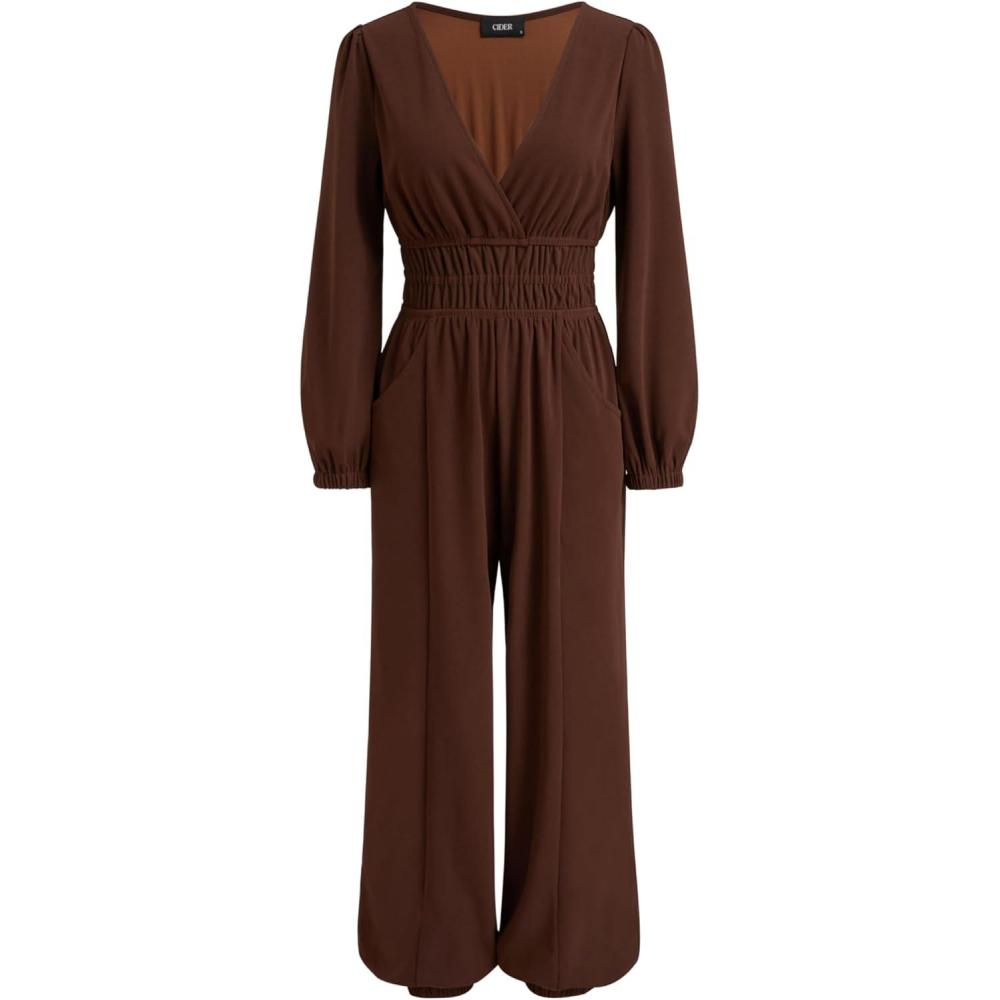imageCIDER Womens Long Sleeve Jumpsuit V Neck Wide Leg Romper Casual Dressy JumpsuitBrown