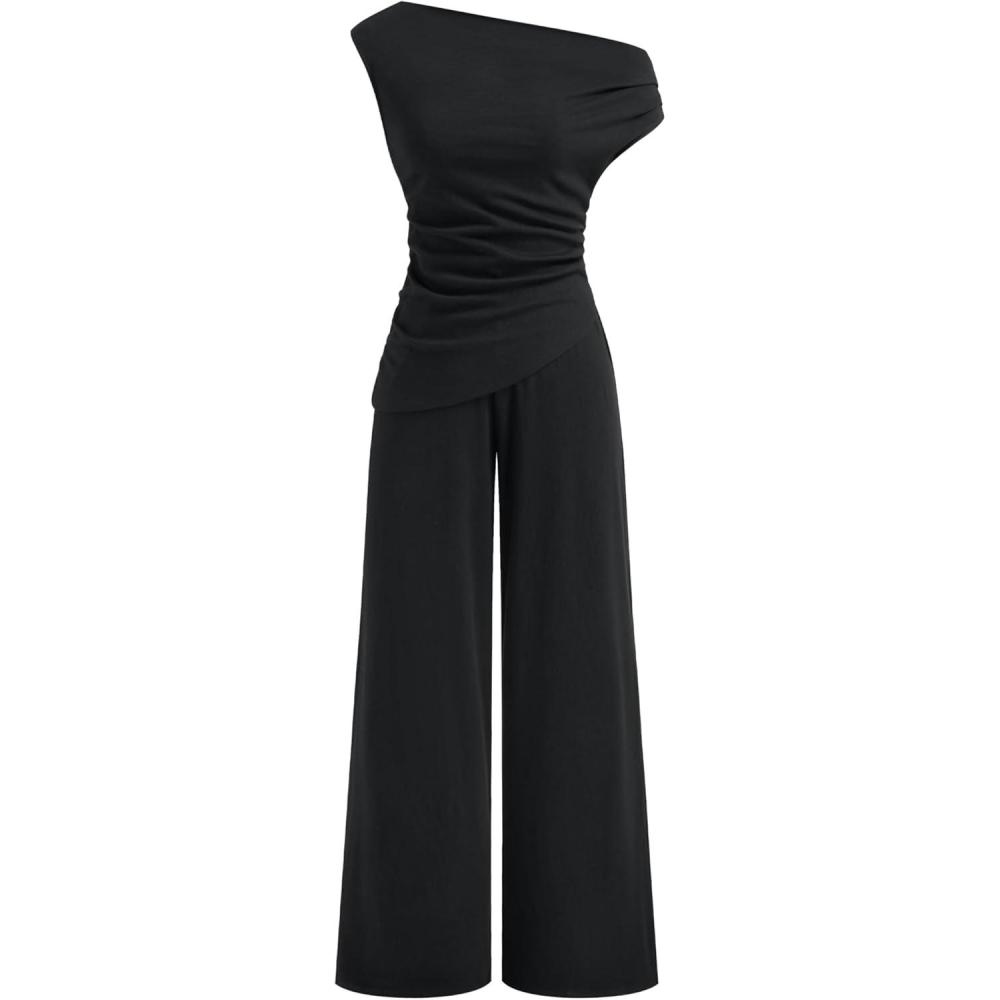 imageCIDER Womens Ribbed Knit One Shoulder Top and Wide Leg Pants Going Out Date Night RompersBlack
