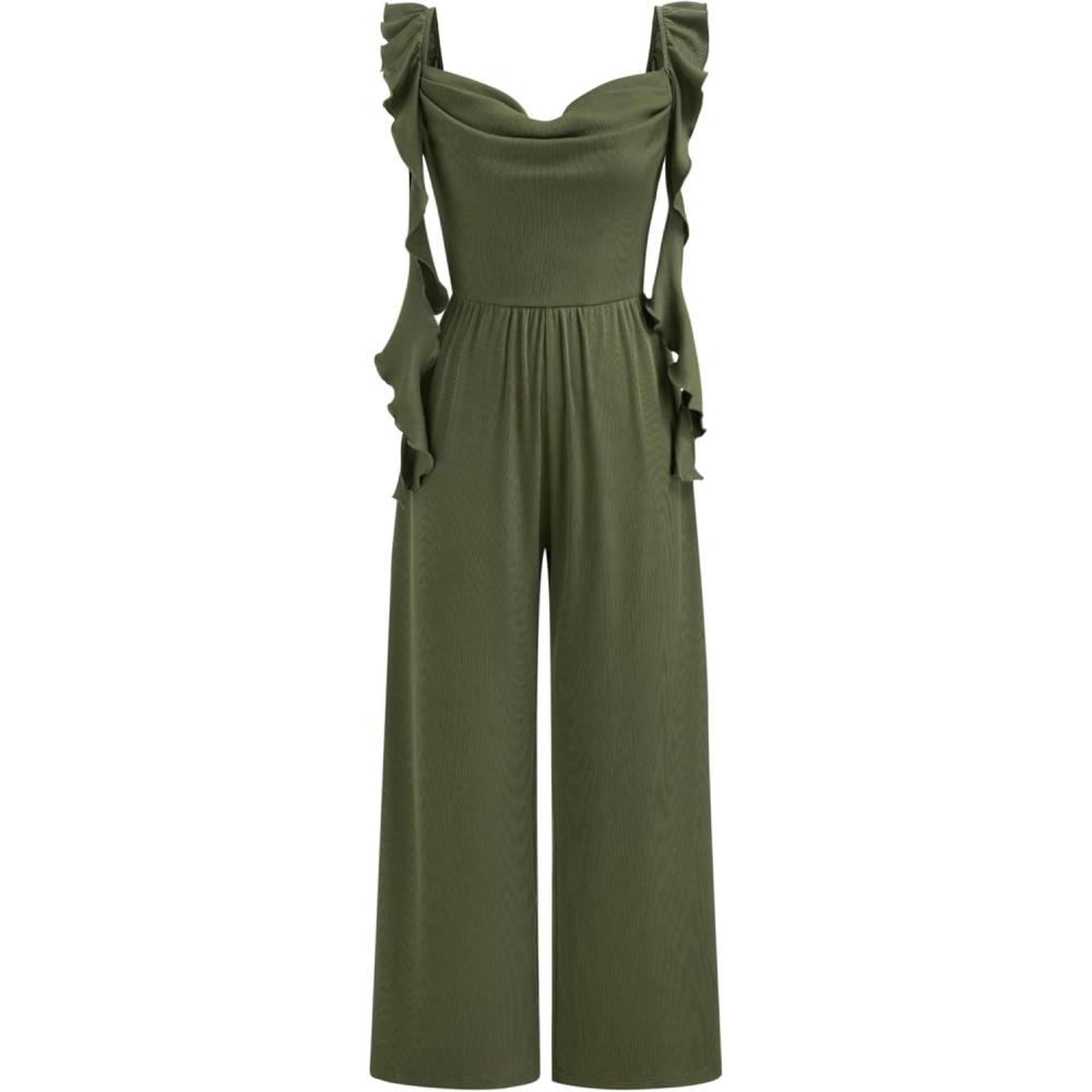 imageCIDER Womens Ruffle Trim Jumpsuit Elegant Wide Leg Romper Fashion OutfitGreen
