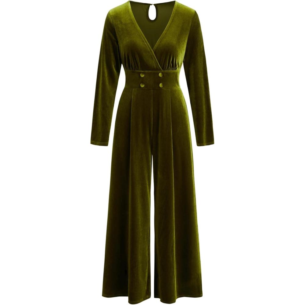 imageCIDER Womens Velvet Jumpsuit Long Sleeve V Neck Wide Leg Elegant RomperOlive Green