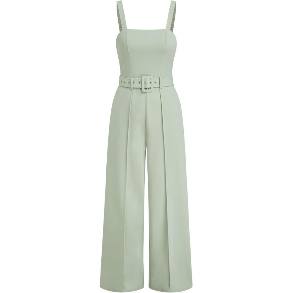 imageCIDER Womens Wide Leg Jumpsuit Square Neck Romper Overall Date Night RompersGreen