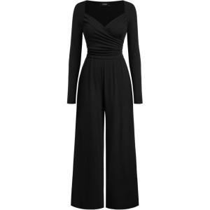 CIDER Women Ribbed Knit Long Sleeve Casual Overalls Jumpsuits One Piece Wide Leg Long Pant Rompers With Pockets(Black)