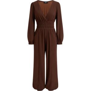 CIDER Womens Long Sleeve Jumpsuit V Neck Wide Leg Romper Casual Dressy Jumpsuit(Brown)