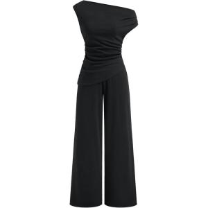 CIDER Women’s Ribbed Knit One Shoulder Top and Wide Leg Pants Going Out Date Night Rompers(Black)