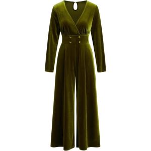 CIDER Womens Velvet Jumpsuit Long Sleeve V Neck Wide Leg Elegant Romper(Olive Green)