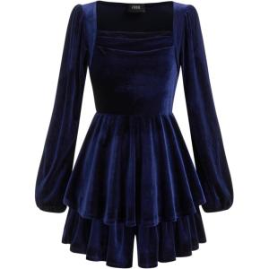 CIDER Womens Velvet Long Sleeve Romper Square Neck Tiered Ruffle Romper Date Night Party Club Outfit(Blue)