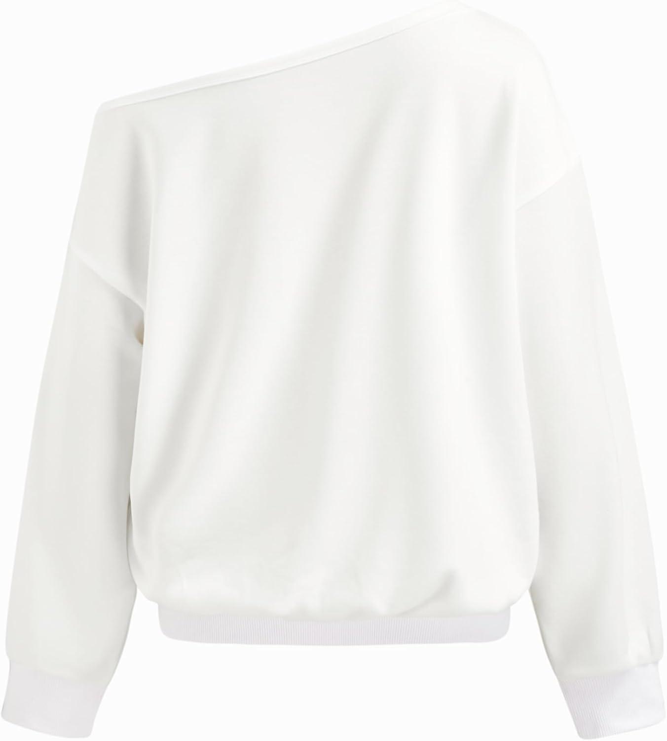 imageCIDER Womens Off Shoulder Sweatshirt Boston Graphic Pullover Casual Long Sleeve TopWhite