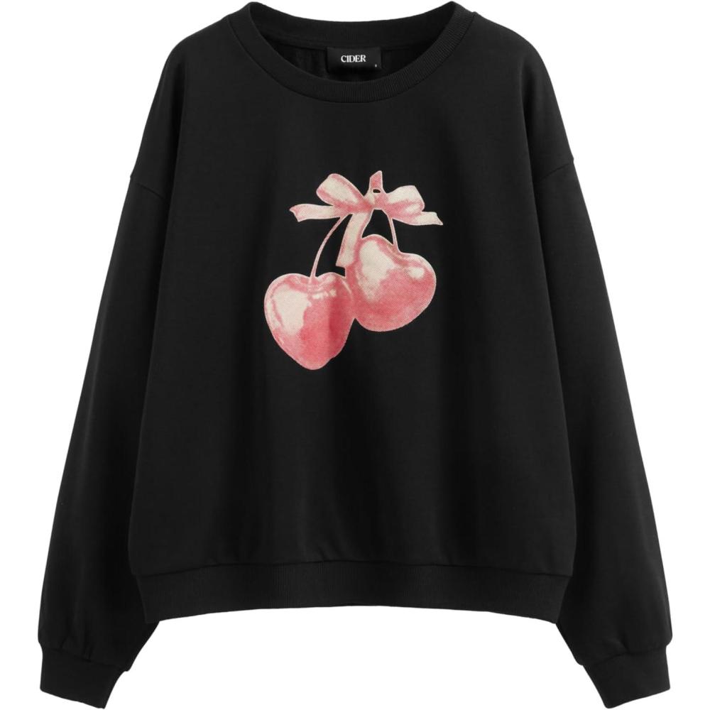 imageCIDER Cherry Sweatshirt for Women Cute Sweatshirts Long Sleeve Crew Neck Graphic Pullover Y2K Tops Trendy Fall OutfitsBlack