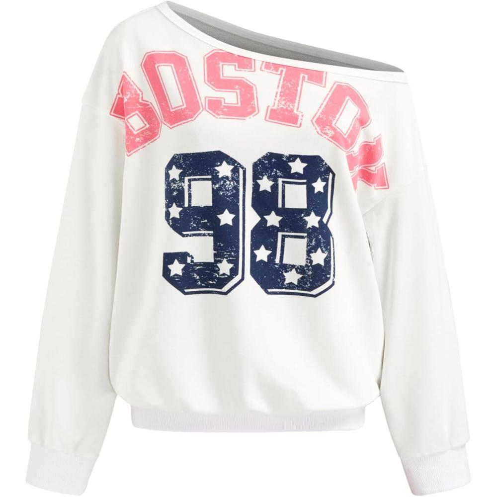 imageCIDER Womens Off Shoulder Sweatshirt Boston Graphic Pullover Casual Long Sleeve TopWhite