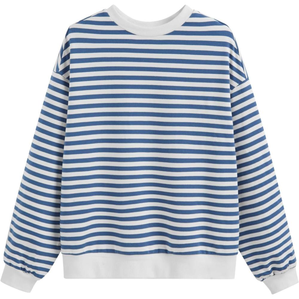 imageCIDER Womens Striped Sweatshirt Y2k Long Sleeve Crew Neck Fall Fashion Basic Casual Loose Pullover TopBlue
