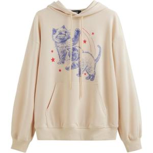 CIDER Cute Cat Graphic Hoodie Womens Long Sleeve Going Out Pullover Sweatshirt Casual Loose Fit Beige(Beige)