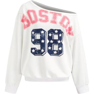 CIDER Womens Off Shoulder Sweatshirt Boston Graphic Pullover Casual Long Sleeve Top(White)