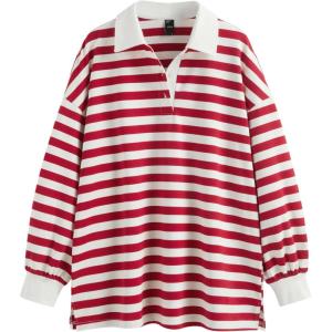 CIDER Women’s Striped Polo Sweatshirt Long Sleeve Y2k Rugby Shirts Casual Oversized Pullover Vintage Fall Streetwear(Red)