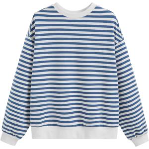 CIDER Womens Striped Sweatshirt Y2k Long Sleeve Crew Neck Fall Fashion Basic Casual Loose Pullover Top(Blue)