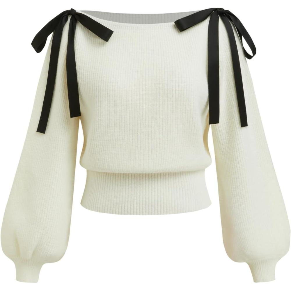 imageCIDER Womens Knit Ruched Sweater Bowknot Ribbon Shoulder Tie Long Sleeve TopWhite