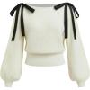 imageCIDER Womens Knit Ruched Sweater Bowknot Ribbon Shoulder Tie Long Sleeve TopWhite