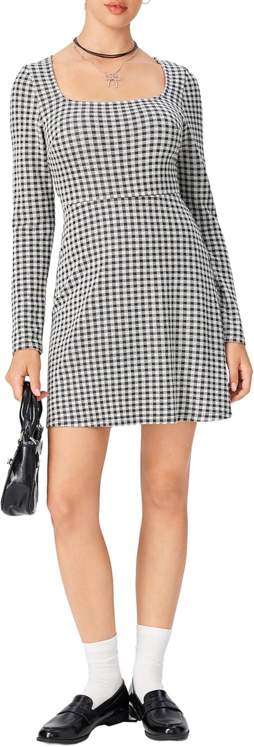 imageCIDER Gingham Long Sleeve Dress Square Neck A Line Mini DressBlack