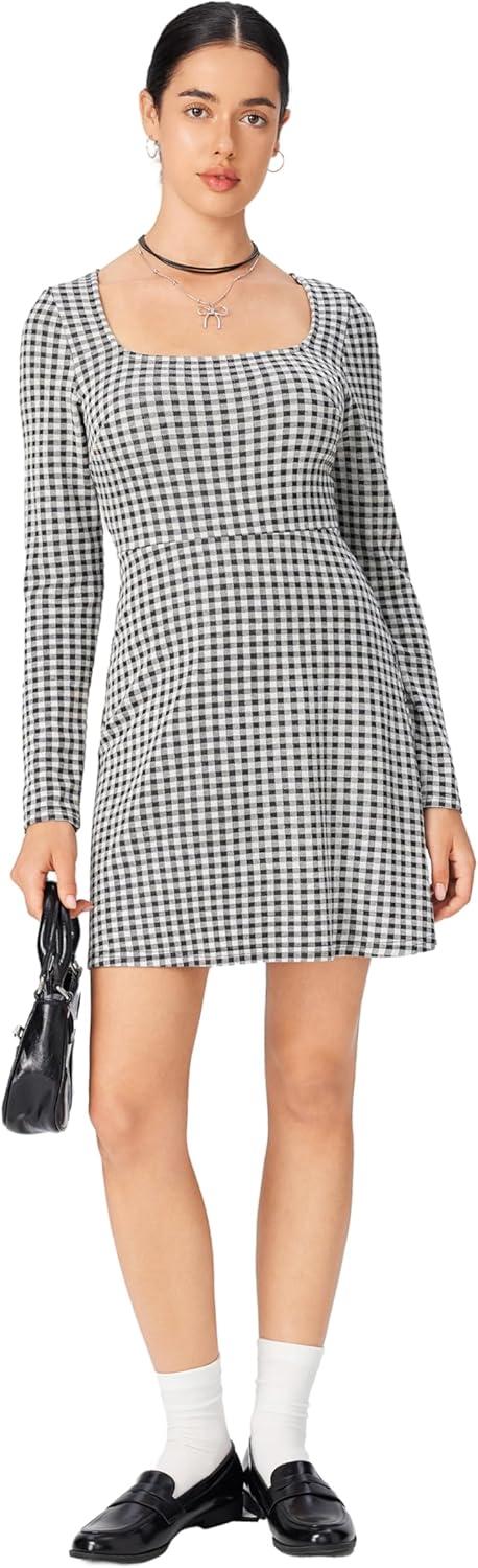 imageCIDER Gingham Long Sleeve Dress Square Neck A Line Mini DressBlack