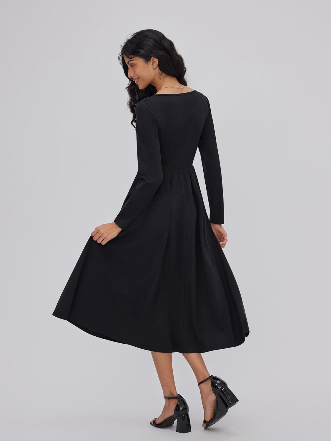 imageCIDER Women Elegant Long Sleeve Midi Modest Dress with Pockets Fit ALine Trendy Casual DressesBlack