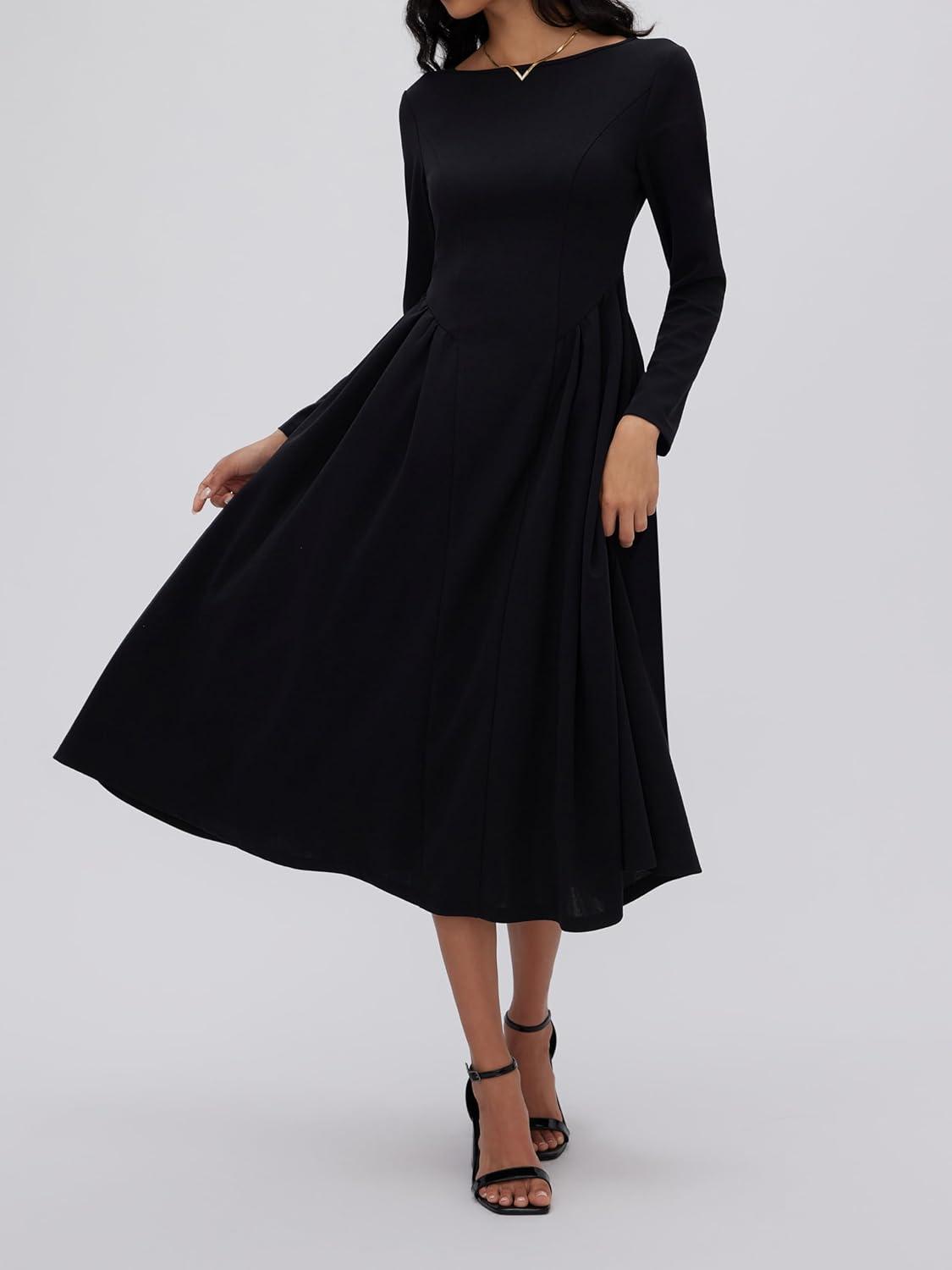 imageCIDER Women Elegant Long Sleeve Midi Modest Dress with Pockets Fit ALine Trendy Casual DressesBlack