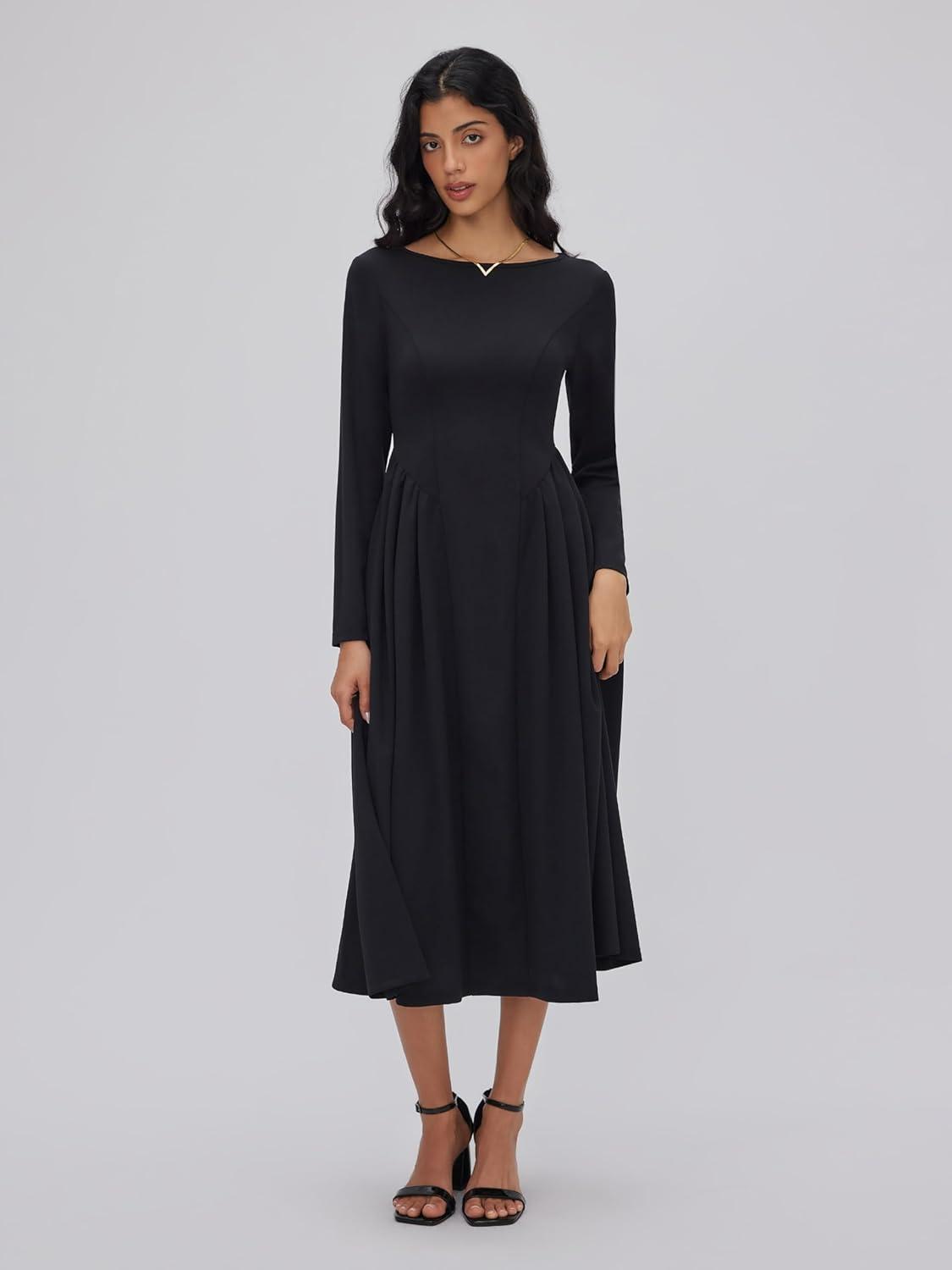 imageCIDER Women Elegant Long Sleeve Midi Modest Dress with Pockets Fit ALine Trendy Casual DressesBlack