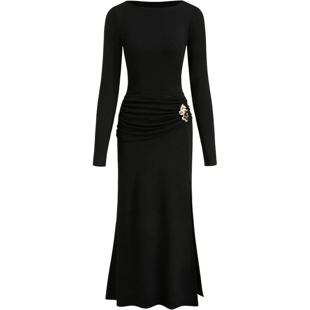 imageCIDER Elegant Long Sleeve Maxi Dress Side Slit Evening Gown Formal Party DressBlack