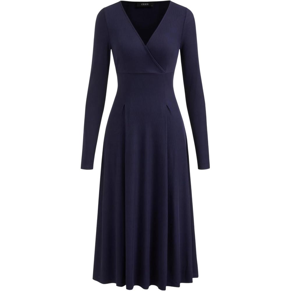 imageCIDER Elegant Wrap Dress Long Sleeve Midi Dress for WomenBlue