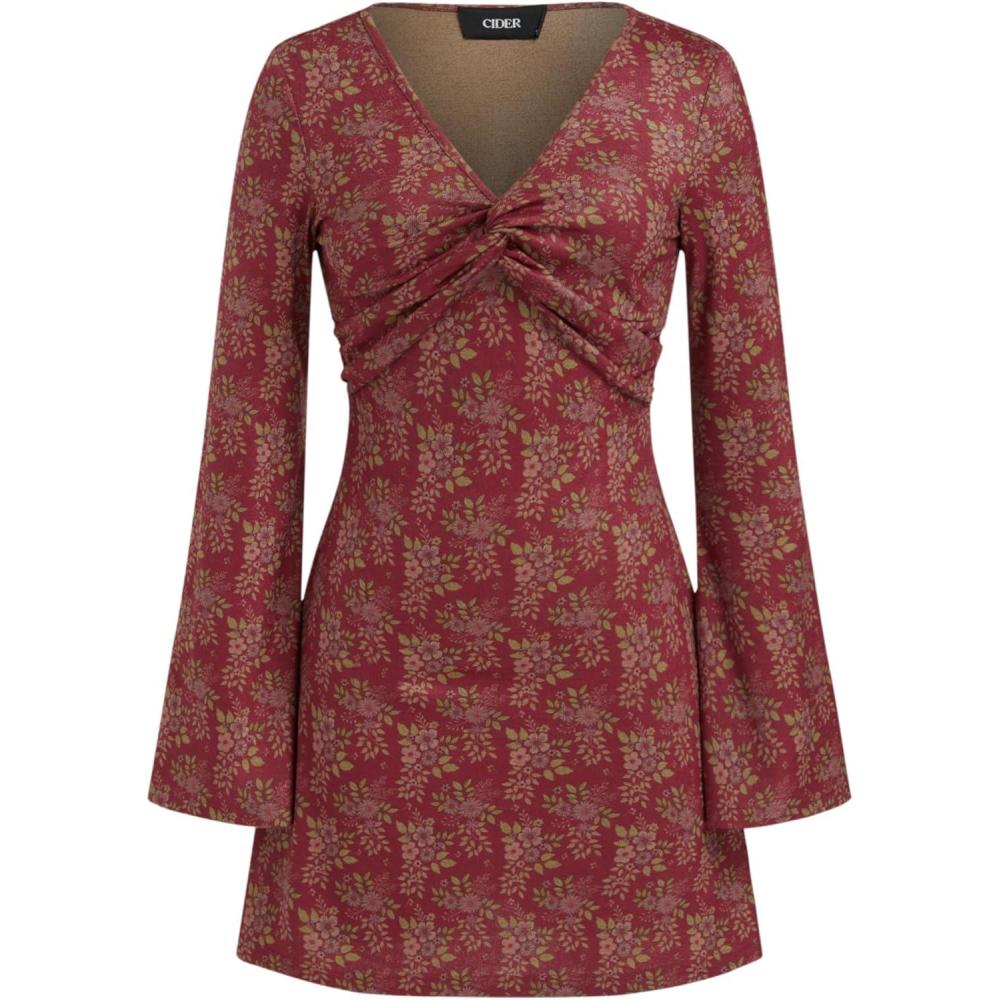 imageCIDER Floral Print Mini Dress Long Sleeve V Neck Ruched Bodycon DressesRed