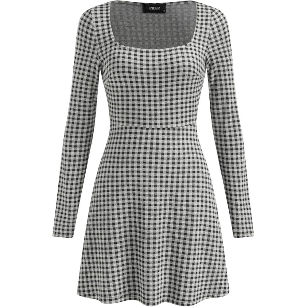 imageCIDER Gingham Long Sleeve Dress Square Neck A Line Mini DressBlack