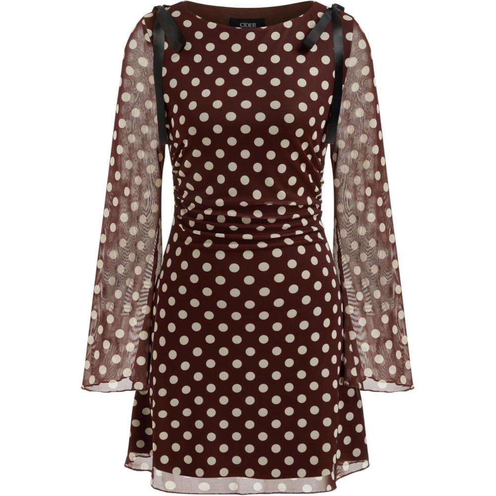 imageCIDER Polka Dot Dress Long Sleeve Sheer Bowknot Party Dress WomenBrown