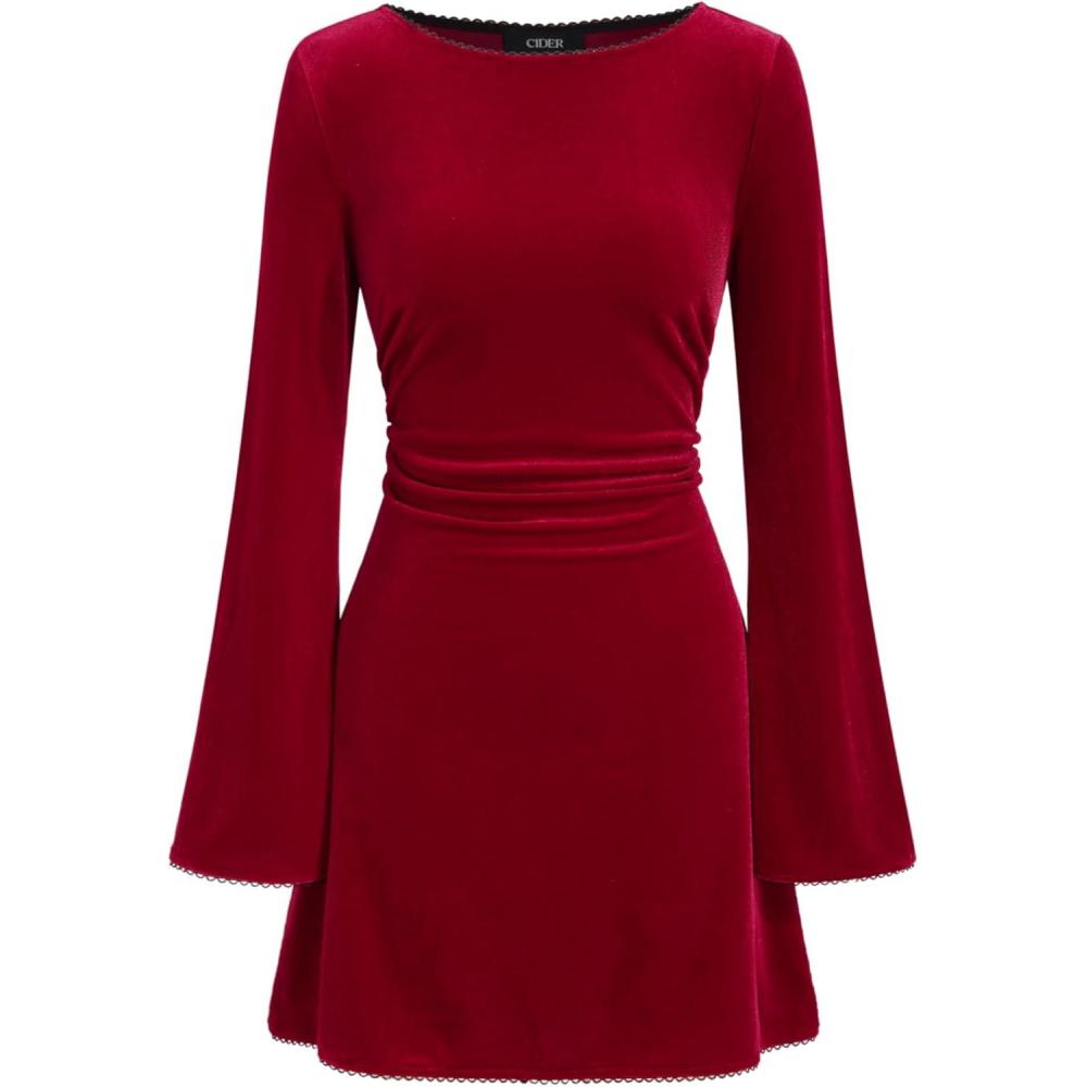 imageCIDER Velvet Mini Dress Long Sleeve A Line Cocktail Party DressRed