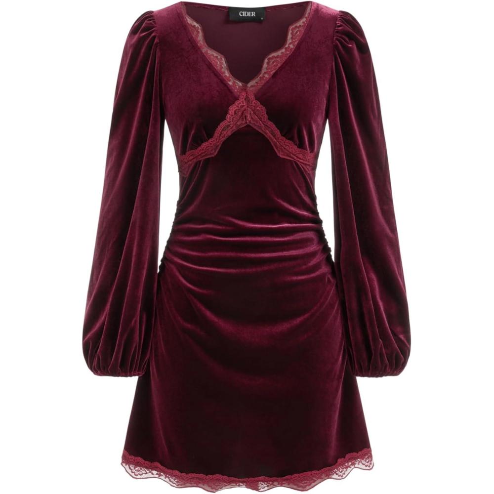 imageCIDER Velvet Mini Dress with Lace Trim Long Sleeve DressWine