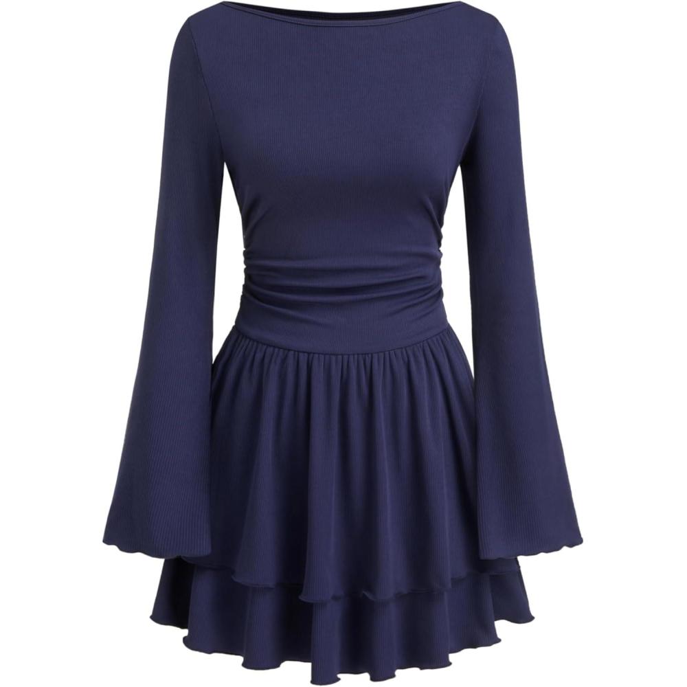 imageCIDER Women Boat Neck Ribbed Knit Tiered Ruffle Hem Long Sleeve Cocktail Party Mini DressDark Navy
